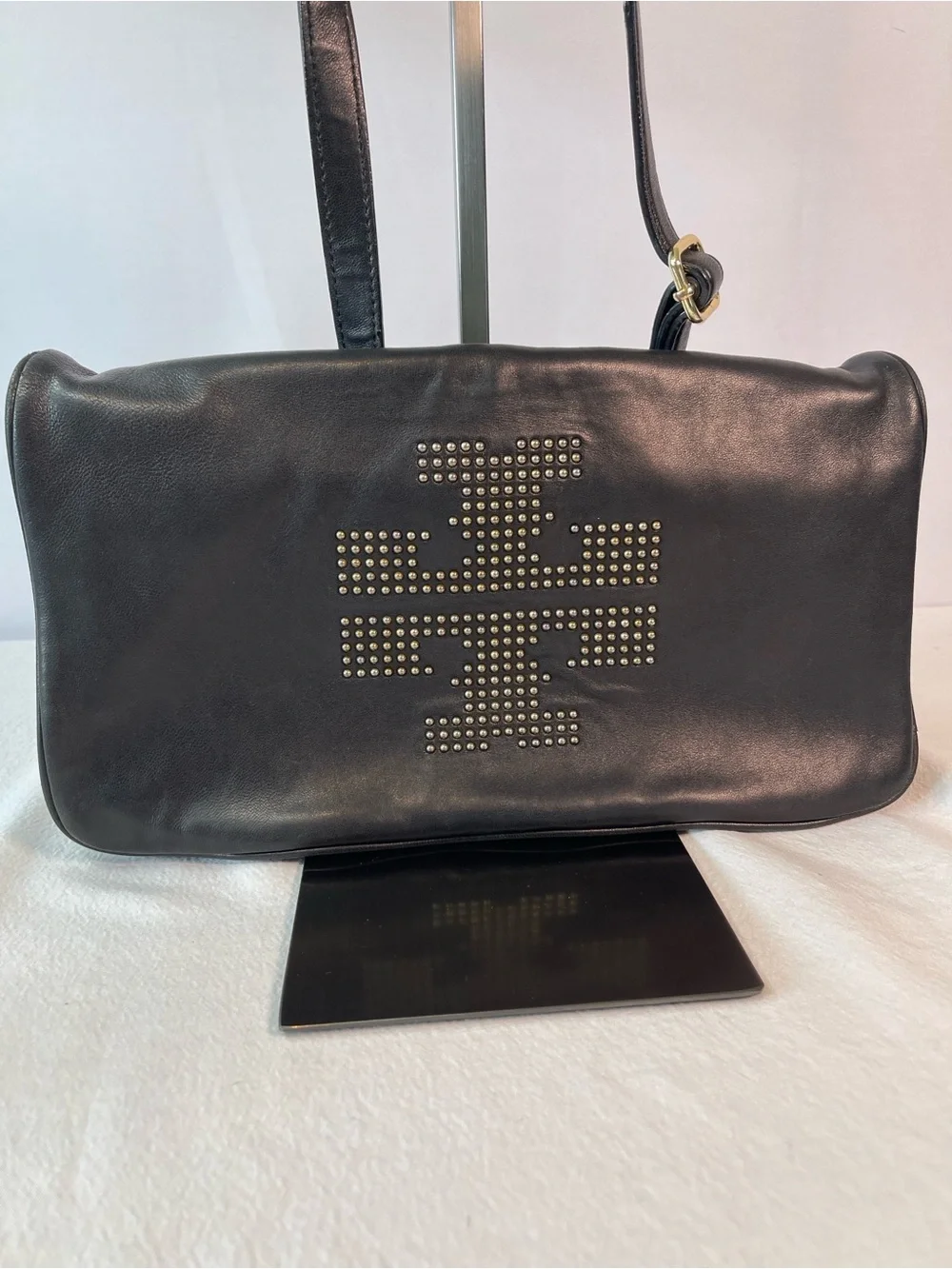 Tory Burch Black Leather Shoulder Bag with Gold Stud Logo